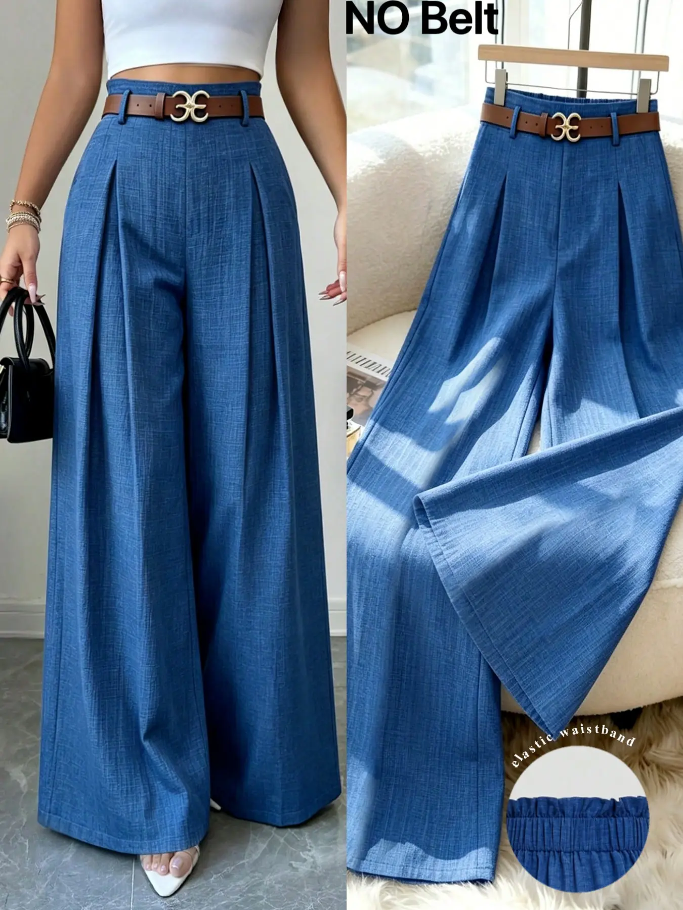 Elegant Minimalist High-Waisted Wide-Leg Pants for Spring Summer Fall, Loose-Fit Baggy Office Casual Long Trousers, Elastic Waist Women's Jeans Without Belt