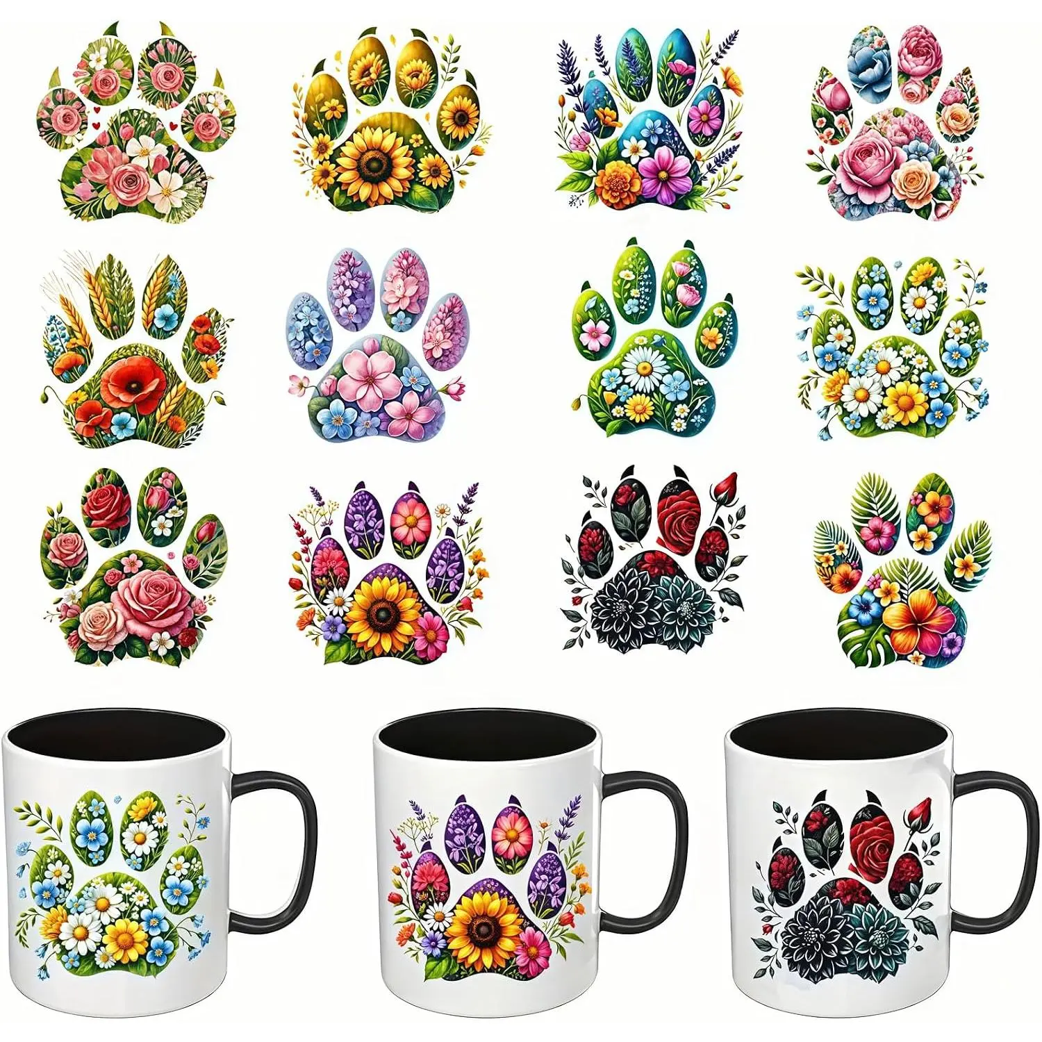 12pcs Floral Paw UV DTF Cup Wraps Transfer Waterproof Sticker for Glass Cups Furniture Craft DIY Crafts，Rub Transfer Stickers for DIY Water Bottle Laptop Decal Wood Car