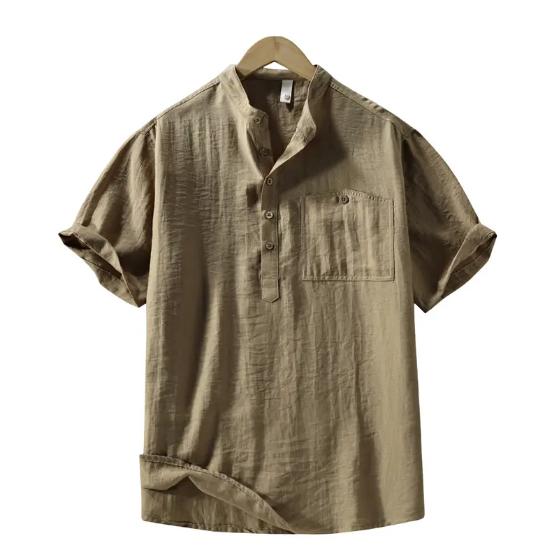 Men's Oversized Trendy Casual Linen Blend Henley Shirt - Mandarin Collar, Half-Button, Rolled Cuffs, Short-Sleeve, Plain Khaki, Pocket, Menswear for Jeans Pairing, Trendy Casual Shirt