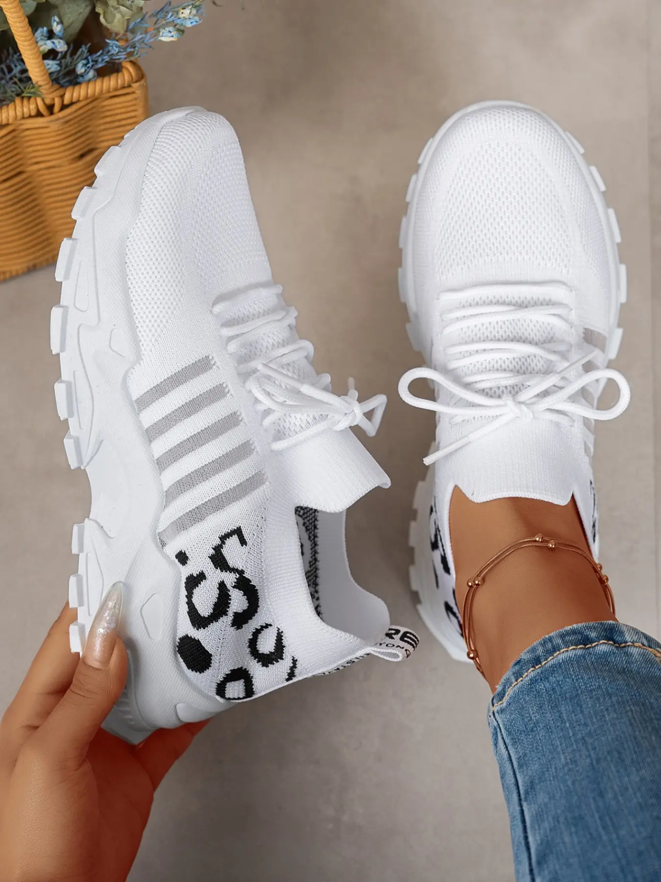 Women's Leopard Print Knit Lace-Up Sneakers, Striped Mesh Chunky Platform Casual Shoes for Streetwear & Daily Activities