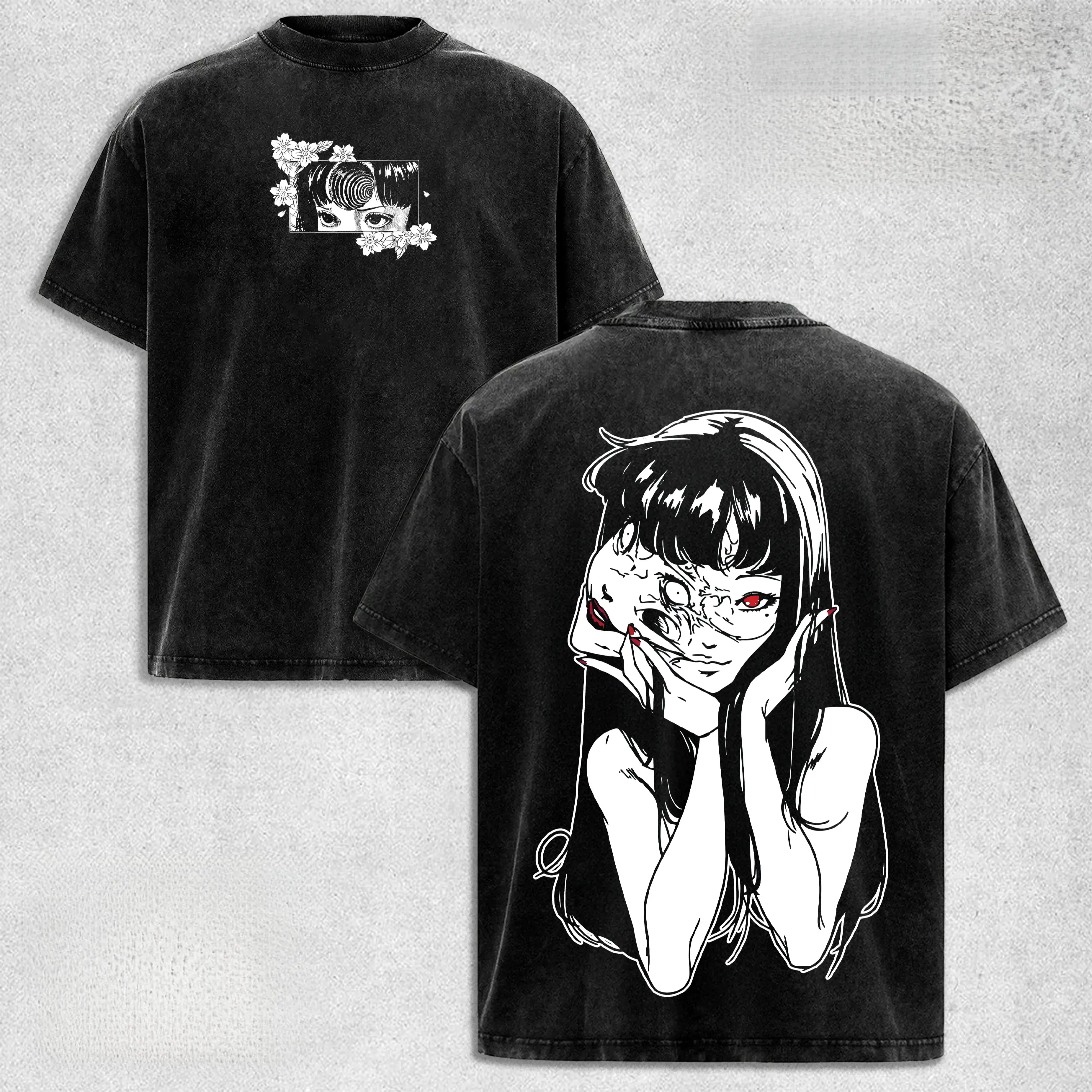 Washable Unisex T-shirt Tomie Junji Ito Uzumaki Vintage Anime T-Shirt, Washed Heavyweight Cotton, Graphic Tee, Manga Gothic, Dark Anime Gothic T-Shirt Menswear Streetwear Fabric Top