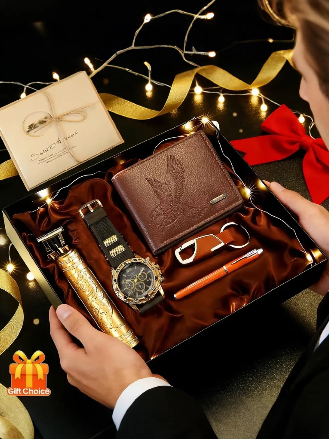7-Piece Men's Watch Gift Set, Perfect for Valentine's Day, Father's Day, Teacher's Day, Graduation, Birthday, Includes Wallet, Razor, Keychain, Pen, Watch, LED Light, Card