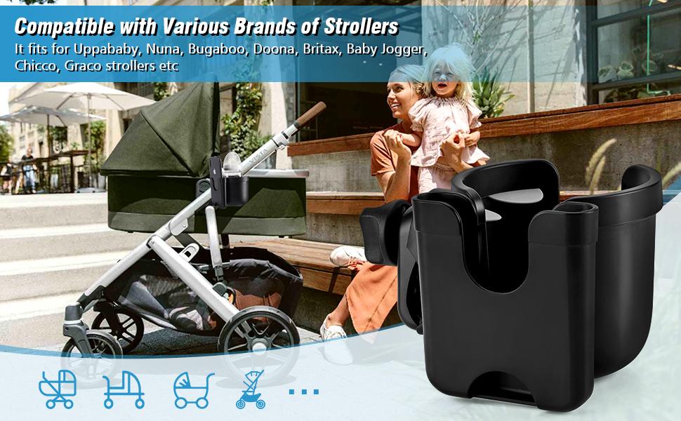 Stroller Cup Holder with Hook, Bike Cup Holder, Universal Cup Holder for Uppababy Nuna Doona Strollers, 2-in-1 Cup Phone Holder for Stroller Bike Wheelchair Walker Accessory