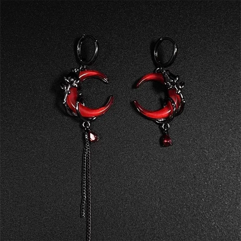 Fierce Black Gunmetal Dragon Earrings Head Turning Red Moon Stone Gothic Punk Vintage Wrap CZ Accent Halloween Statement Dangle Earrings for Women Men