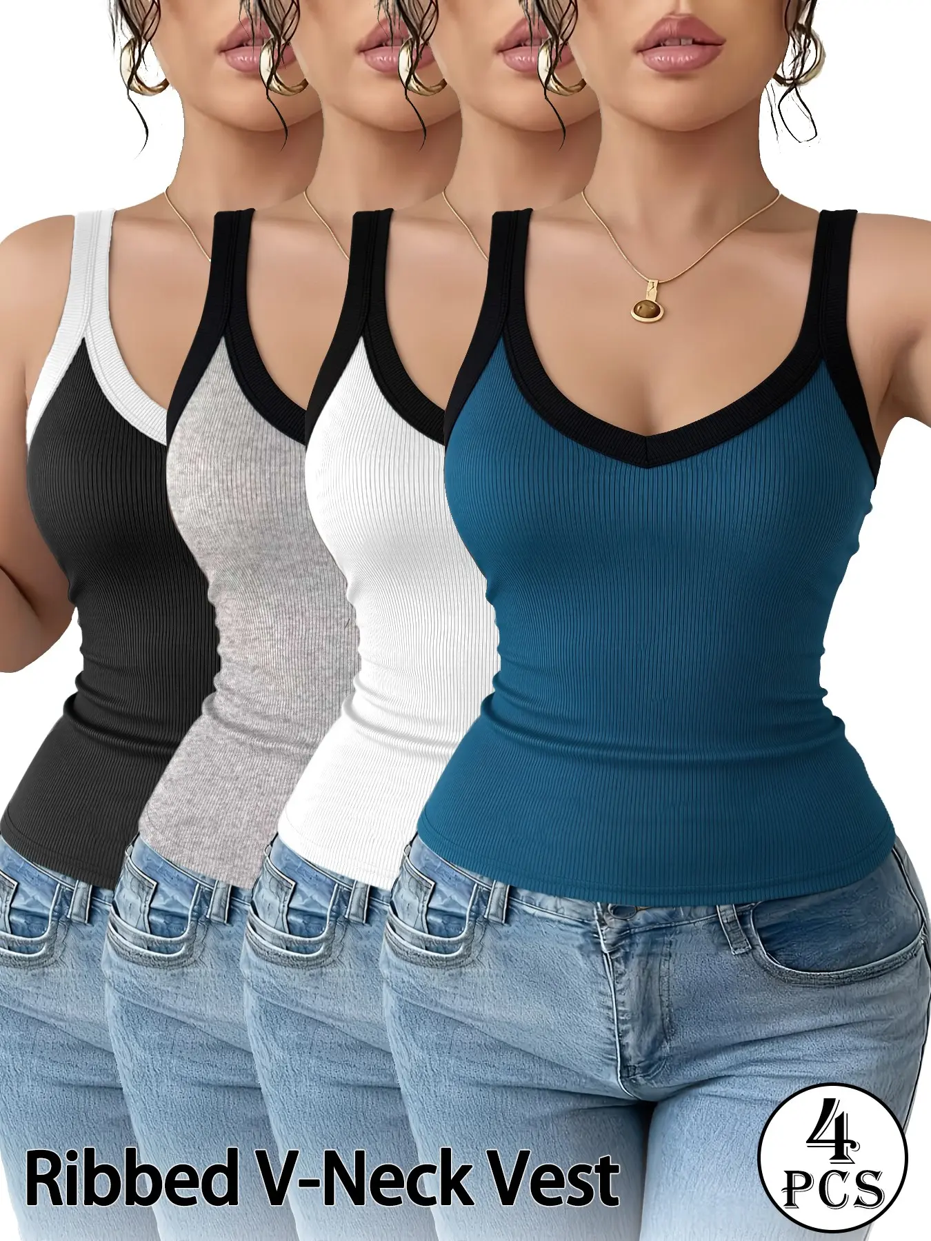 4 Pack Women Contrast Trim V Neck Ribbed Tank Tops Color Block Slim Layering Cami Vests Without Chest Pad Casual