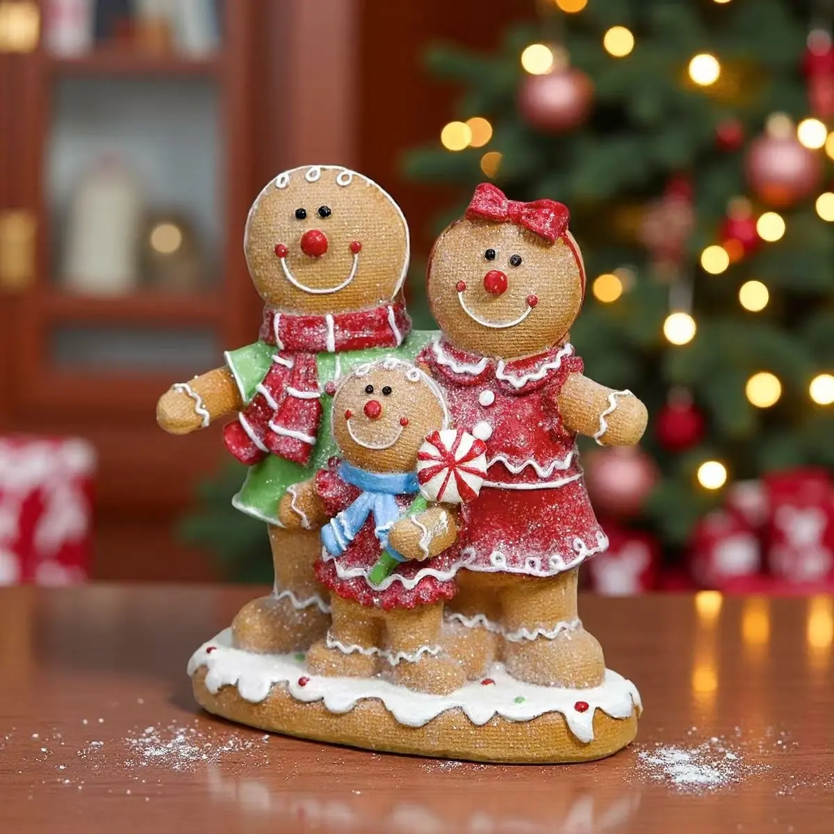 1pc Gingerbread Family Figurine Cute Resin Decor With Scarf Dress Lollipop Details For Christmas Home Tabletop Party Christmas