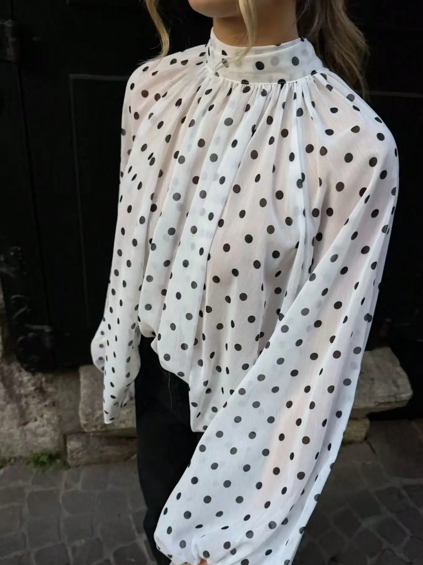 French Vintage Polka Dot Stand Collar Chiffon Shirt Blouse, Back Tie Lantern Sleeve, Loose Fit, Semi-Transparent Fabric, Women's Daily Wear