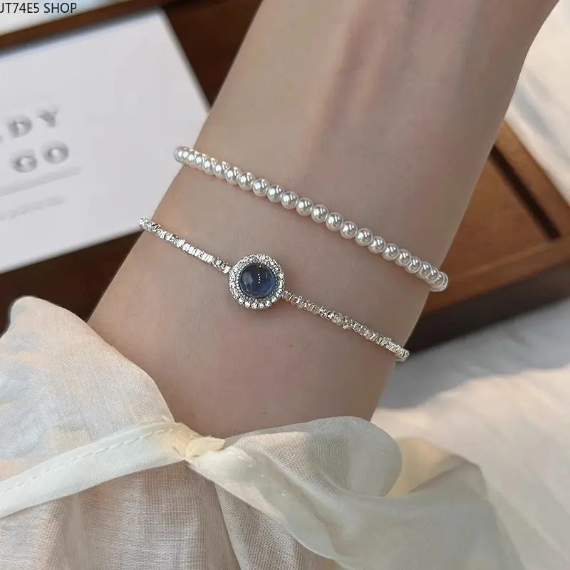 Delicate Multi-Gemstone Bracelet in Silver with Aquamarine, Pearl & Cat Eye Inlays for Women, Adjustable & Anti-Allergy for Daily Wear, Adjustable Length, Fresh Look, Polished Finish, Bracelets, Adjustable Size