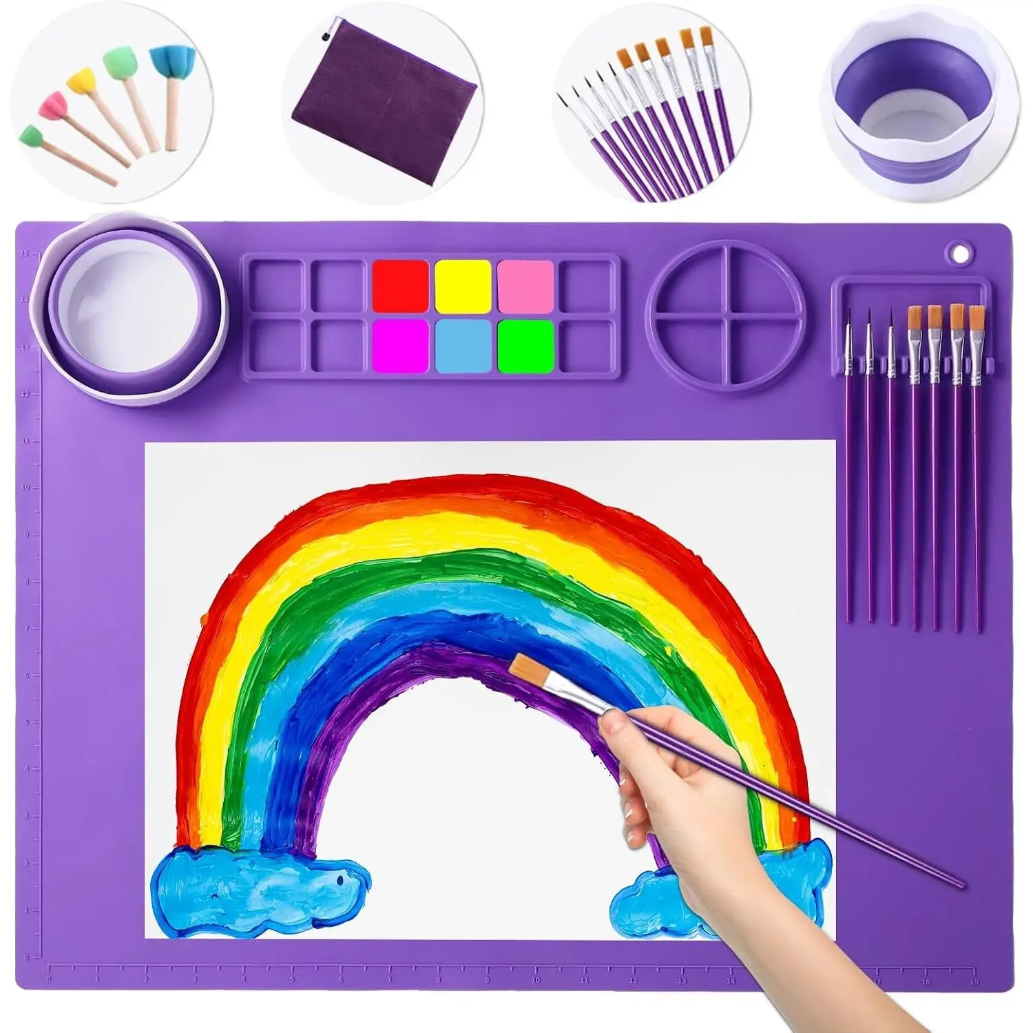Silicone Art Mat 20x16 Inch - Large Silicone Painting Mat with Detachable Cup, 10 Painting Brushes, 5 Sponge Brushes - Kids & Adult DIY Accessories (Purple)