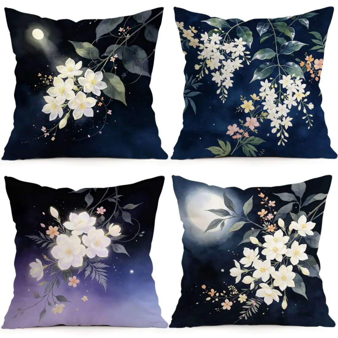 4pcs Night Jasmine Pattern Cushion Covers, Single Side Print, Living Room Bedroom Home Decor, All Season Pillow Cases, No Insert Included