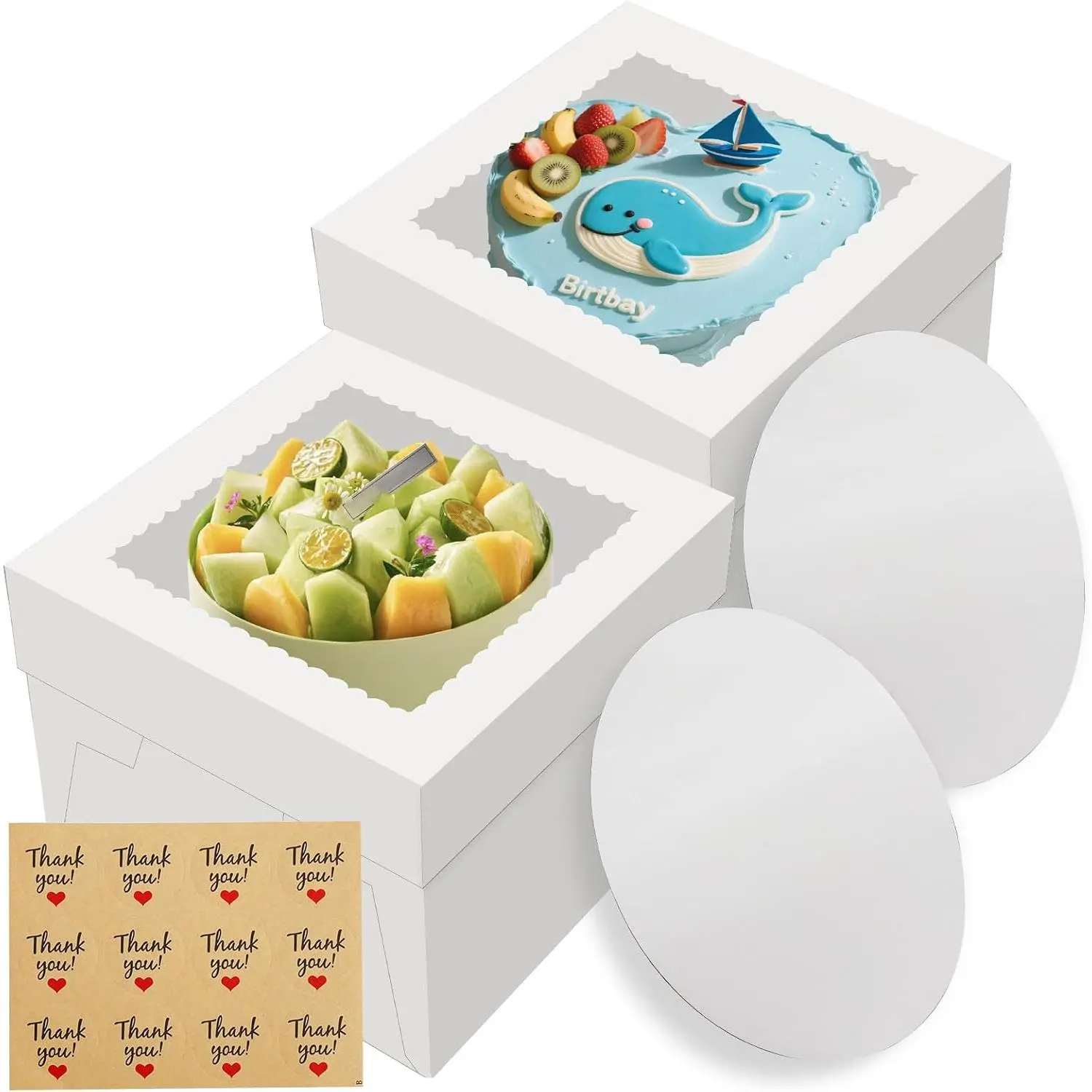 2 Pack Cake Boxes, 12x12x8 Inches Tall Cake Box with Cake Boards, White Bakery Boxes with Large Window, Disposable Cakes Transport Containers with , for Cookies, Pies, Wedding, Birthday