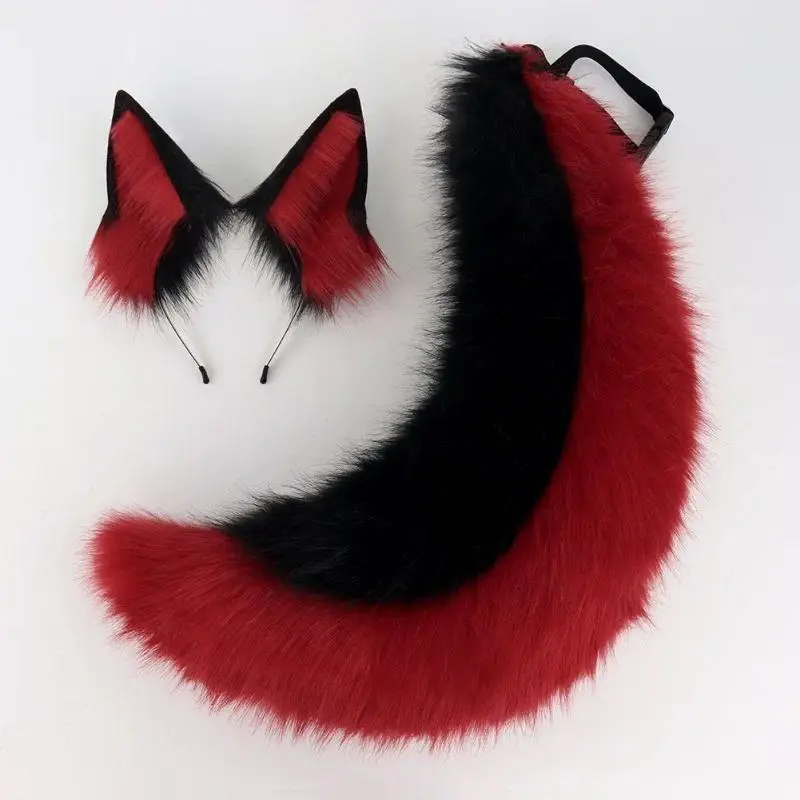2Pcs/set Animal Fursuit Ears Tail Halloween Party Cosplay Headwear Plush Beast Wolf Tails Fox Ears Hair Band Furry Dog COS Tail