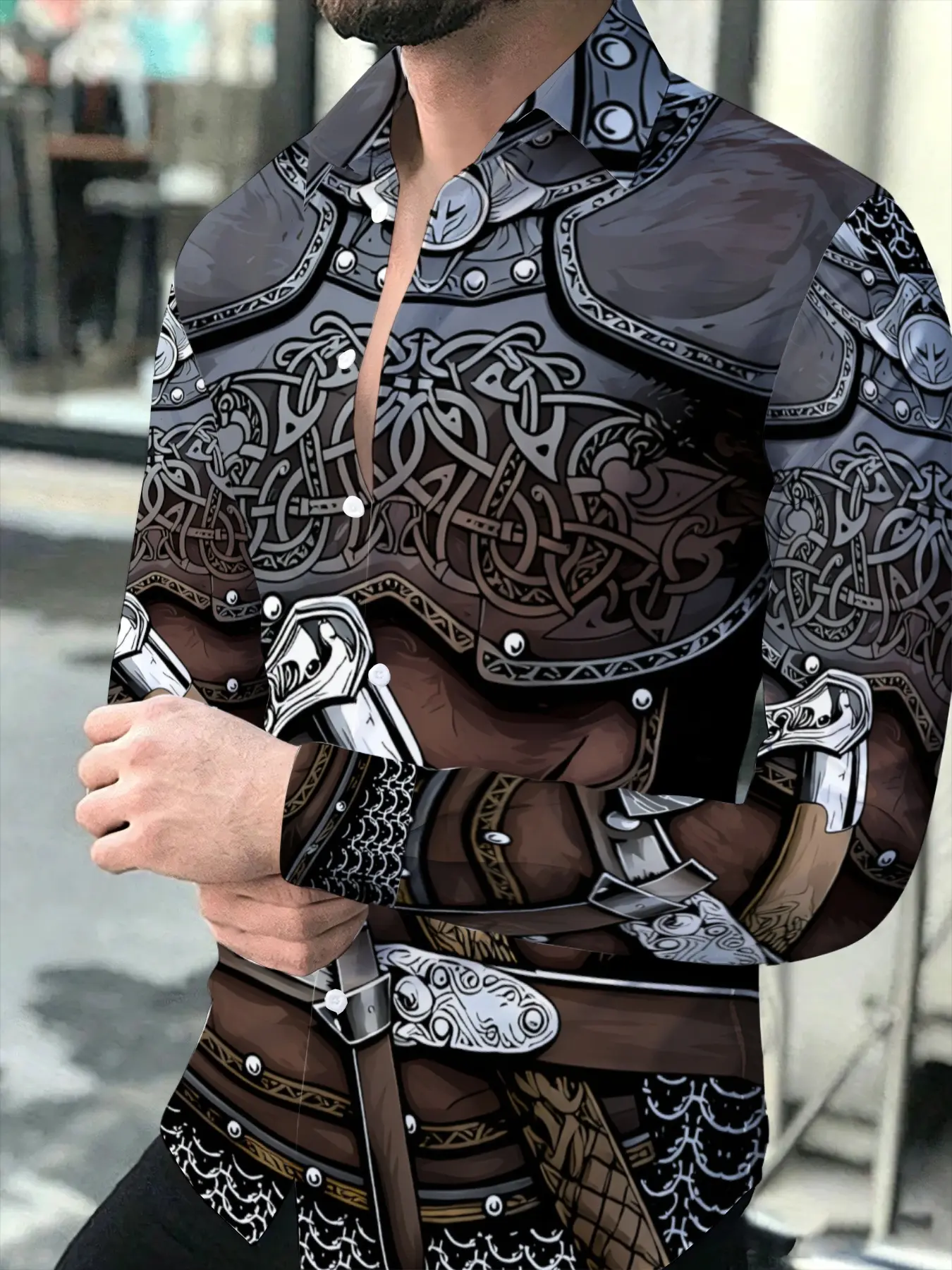 Men's Vintage Viking Style Long Sleeve Shirt Medieval Armor Pattern Printed Top Fashion Casual Loose Fit Suitable for leisure and sports scenarios
