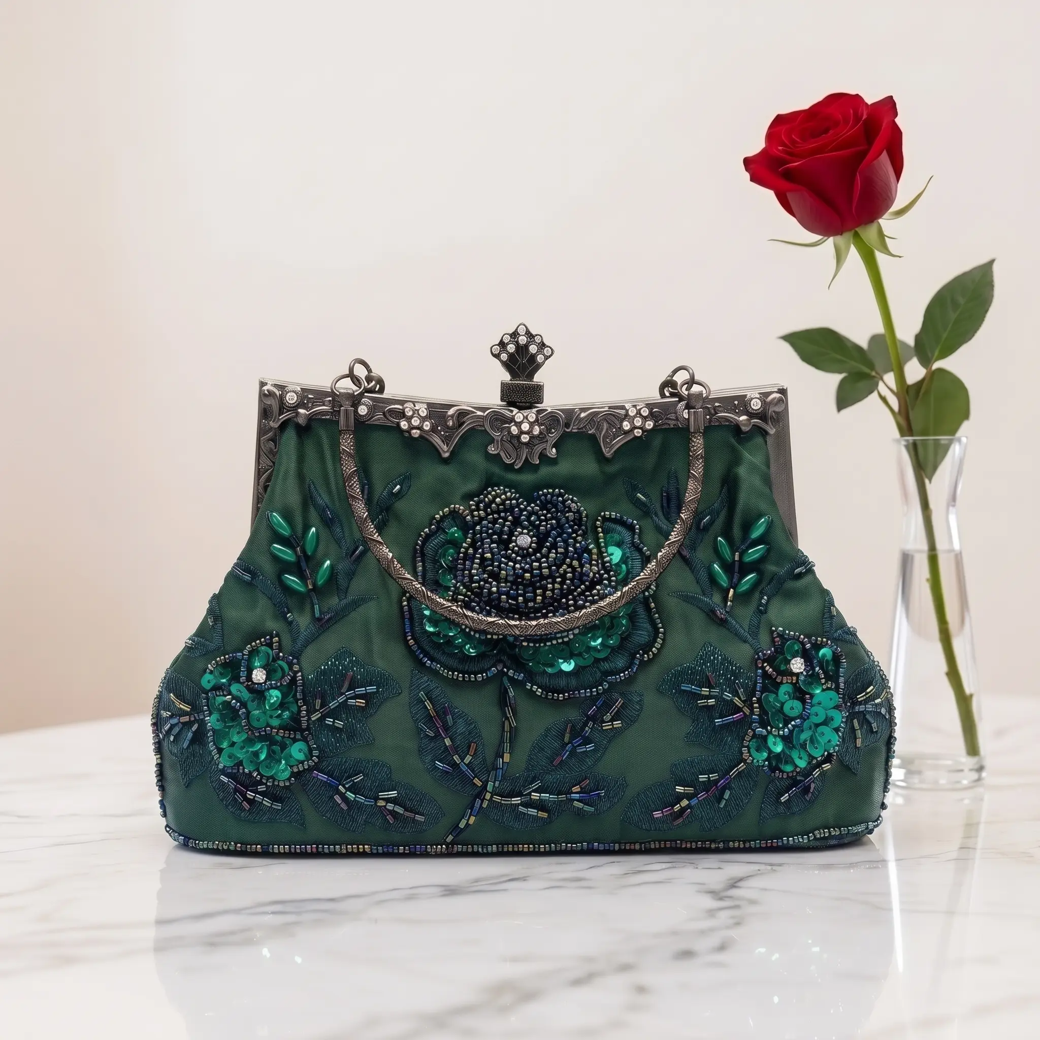 Women's Retro Polyester Beaded Evening Bag - Hand Embroidered Mini Square Crossbody, Lock Buckle Closure, Sequins, Rhinestones, Chain Strap, Multi-Use for Daily Wear, Beading
