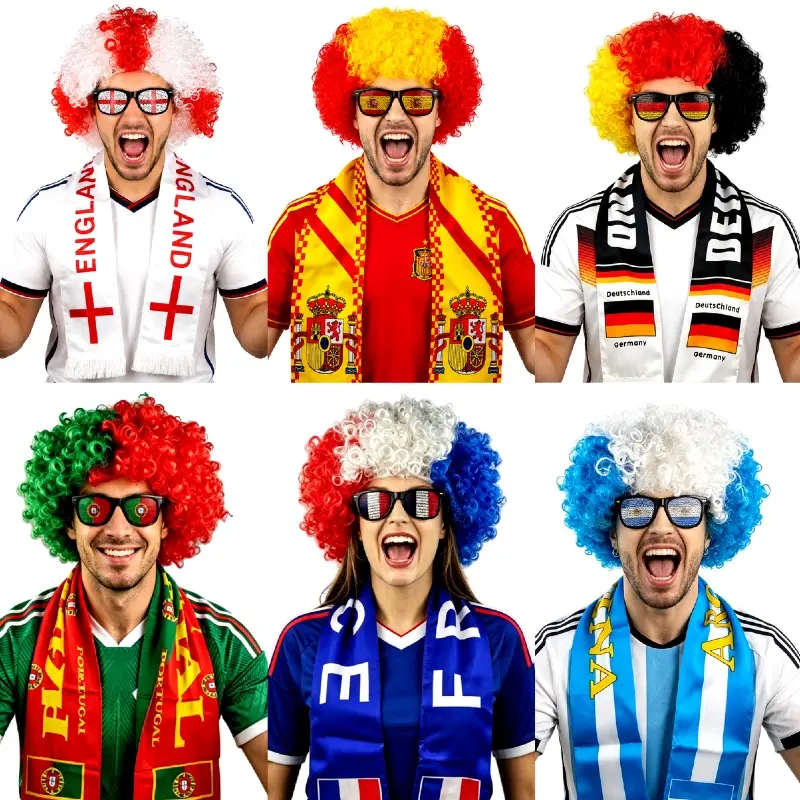 2026 Intl Football Fan 3-Piece Set (Afro Wig + Cheer Scarf + Sunglasses), Multi-Nation Team Spirit Outfit Spain USA Mexico Argentina France Germany Brazil Fans, Match Day Party Celebration Fan Accessories, Gift Boyfriend Friends Dad