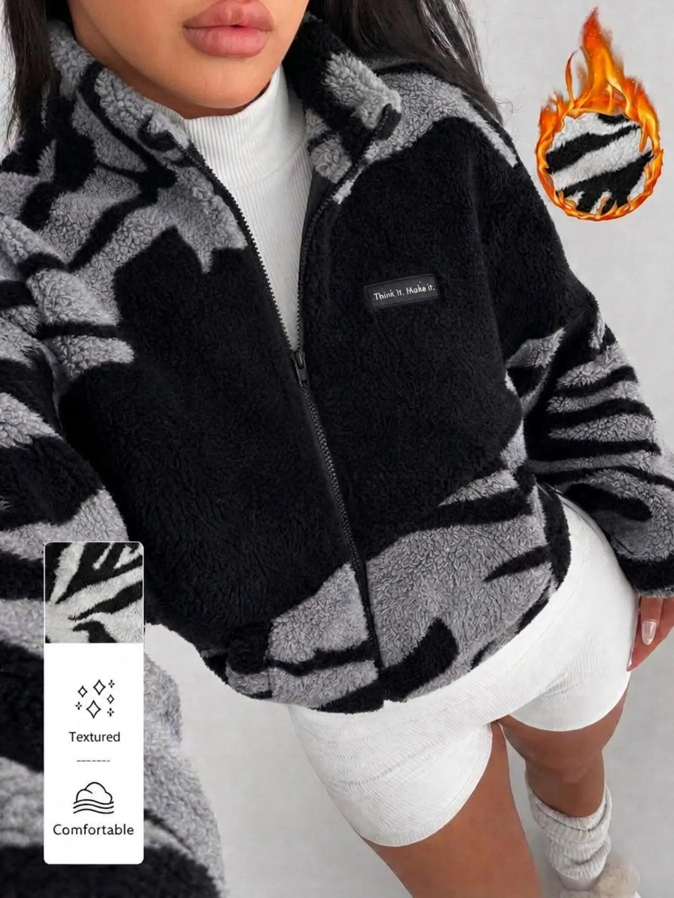 Women Zebra Camo Color Block Sherpa Cropped Jacket, Full Zip Stand Collar Fuzzy Fleece Coat, Soft Warm Textured Fluffy Fabric, Long Sleeve Relaxed Fit, Trendy Retro streetwear for women, Chic Outerwear For Fall Winter Daily Going‑Out Club Stylish Look