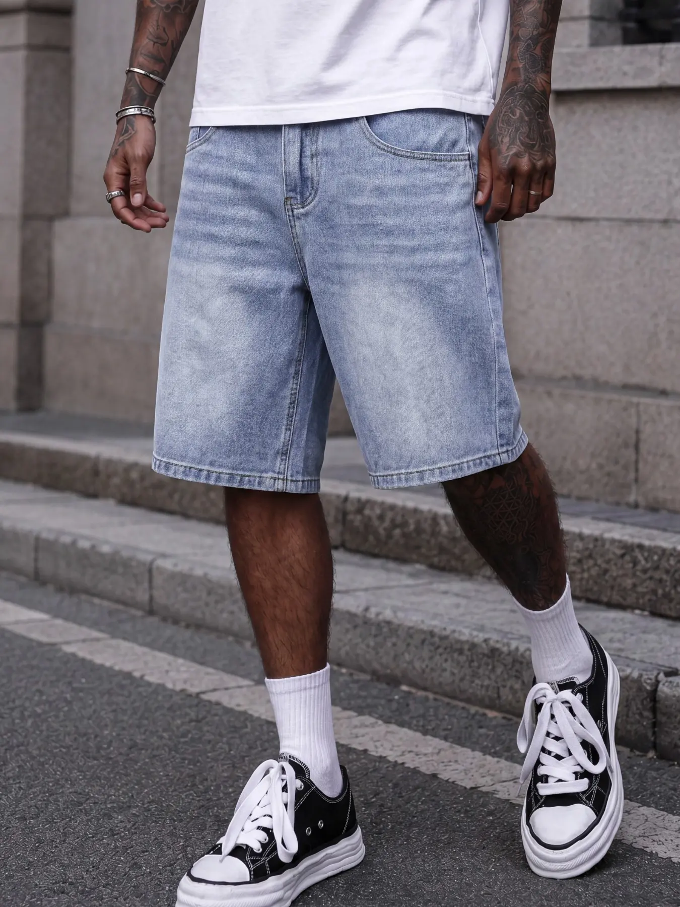 Men's Light Blue Baggy Denim Shorts, Streetwear Denim, Street Style Loose-Fit Jorts, Relaxed Mid-Rise Bottoms, Soft Lightweight Fabric, Minimalist Versatile Skate Shorts, Fashion Summer Shorts for Daily Wear