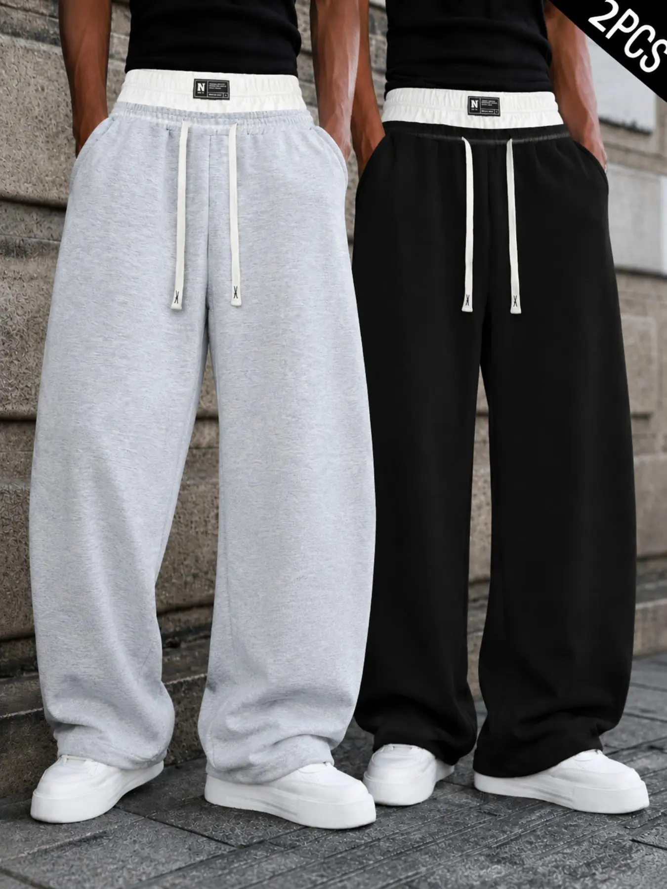 Men's Wide Leg Sweatpants Baggy Straight Leg Joggers with Faux Layered Waistband, Drawstring Elastic Waist, Oversized Streetwear Lounge Pants for Gym, Casual Daily Wear, Y2K Hip Hop Fashion