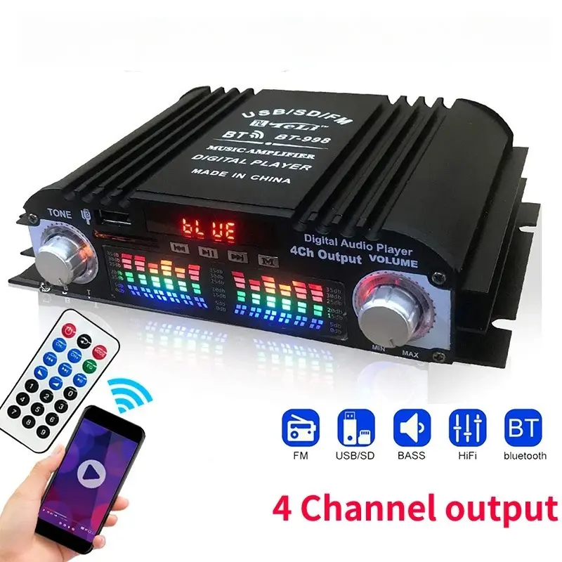 4-Channel Digital HiFi Audio Amplifier - 4x40W Power, Bluetooth Karaoke Player, FM Radio, Remote Control Support, Adapter, USB, Card Compatible Audio Device, Remote Ctrl