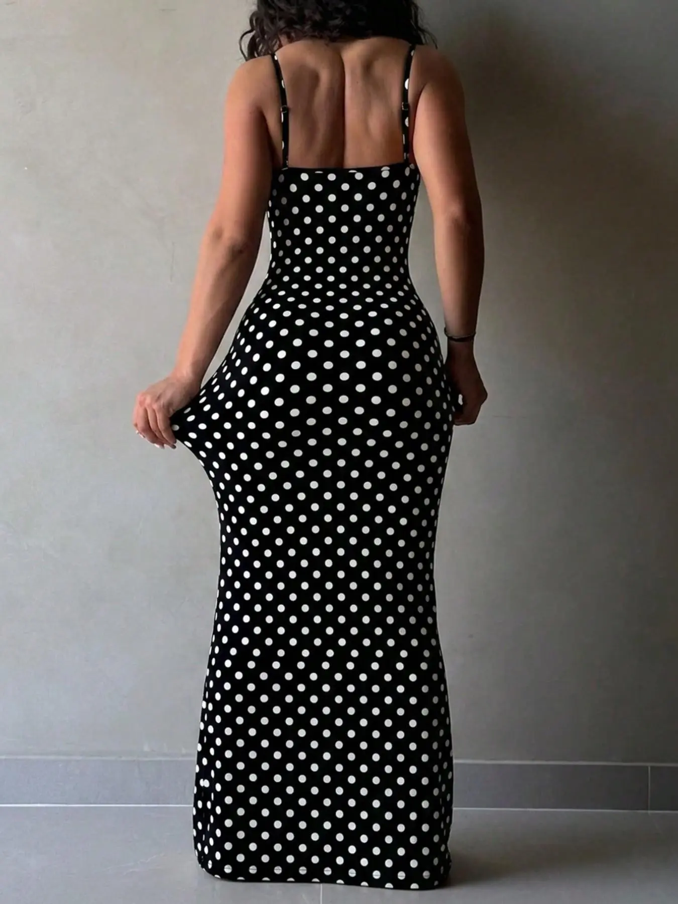 Women's Polka Dot Lace Trim Spaghetti Strap Sleeveless Bodycon Maxi Dress, Casual Summer Style Fit