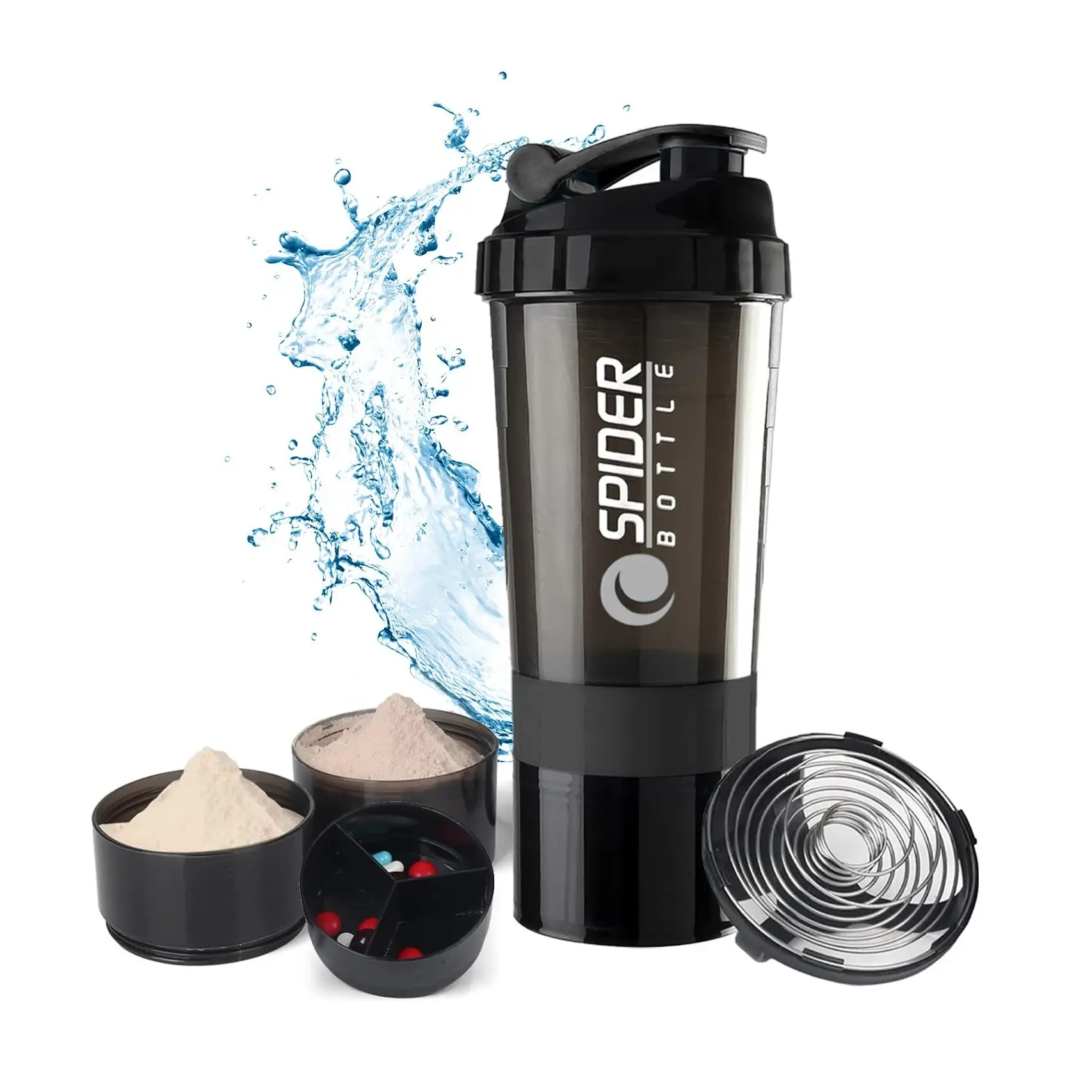 500ml shaker cup, black spider web shaker cup, new sports water bottle, three-layer cup spring fitness water bottle with extra compartment, unisex fitness shaker cup, perfect for protein powder and nutritional supplements.
