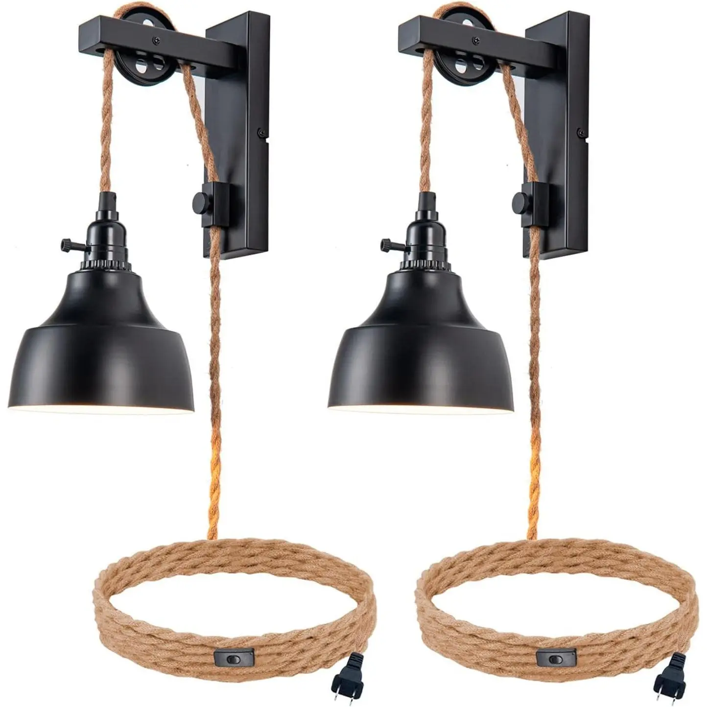 8FT Plug in Wall Sconces Pulley Wall Lamps Vintage Hanging Light Fixture with Plug in Cord On/Off Switch Set of Two Black for Bedroom Living Room Hotel
