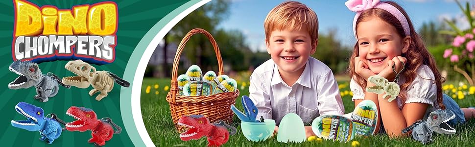 DINOBROS Easter Egg with Dinosaur Toys Filled for Kids, 4 Surprise Eggs Easter Basket Stuffers Fillers with Dino Chomper Birthday Party Favors Gift for Boys and Girls