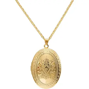 Fuqimanman2020 Vintage Engraved Flower Locket Picture Pendant Necklace Oval Heart Locket Hold Photo Picture Pendant Necklace Memory Jewelry
