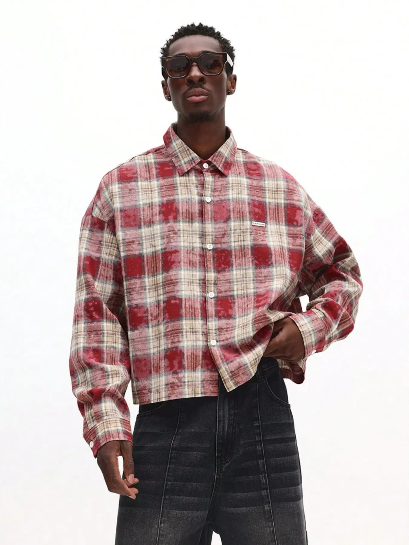 Men's Vintage Y2K Red Plaid Flannel Drop Shoulder Shirt | Loose Fit Cropped Long Sleeve Casual Street Style Top | Retro Streetwear Check Shirt for Men