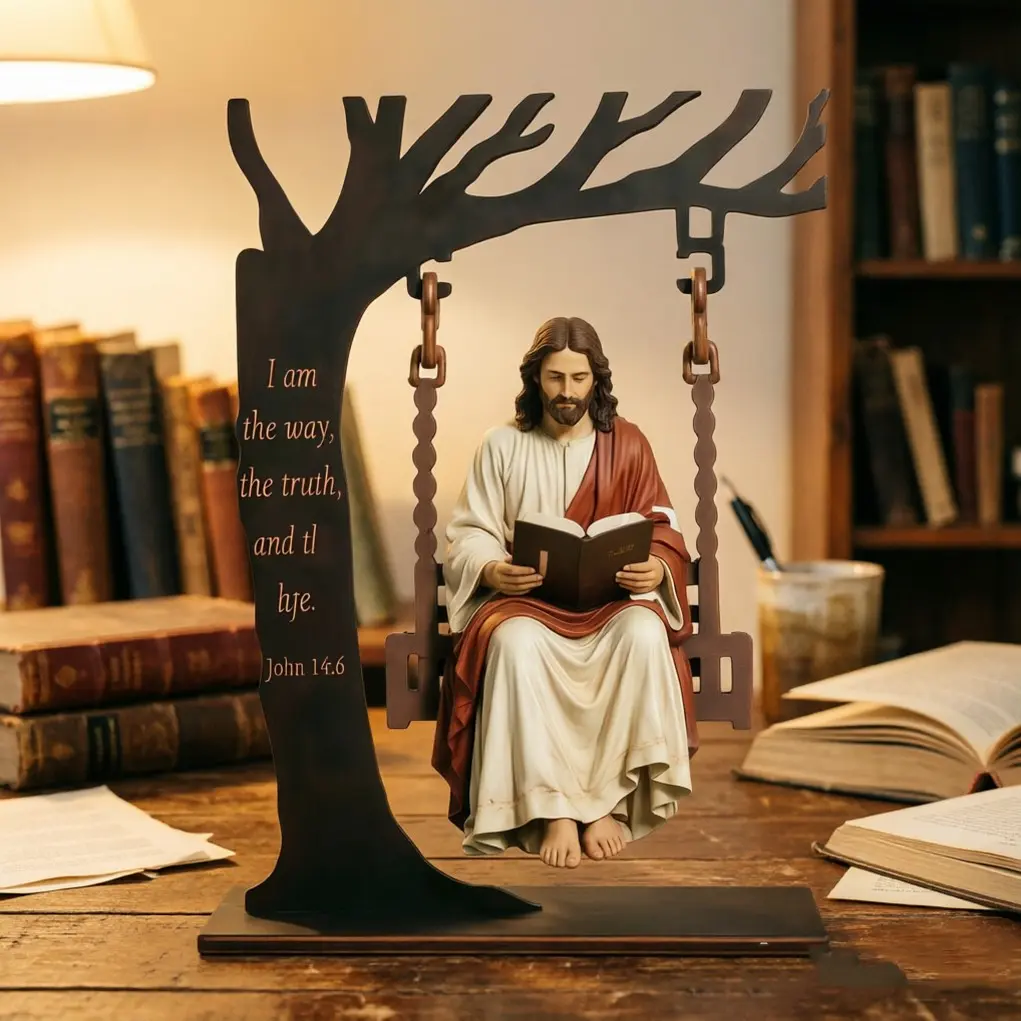 Wooden Jesus Reading Bookshelf Decor, Book Tracking Ornament, Swing Shape, Desk Decoration, Book Lover's Reading Corner Decor, Religious Ornaments