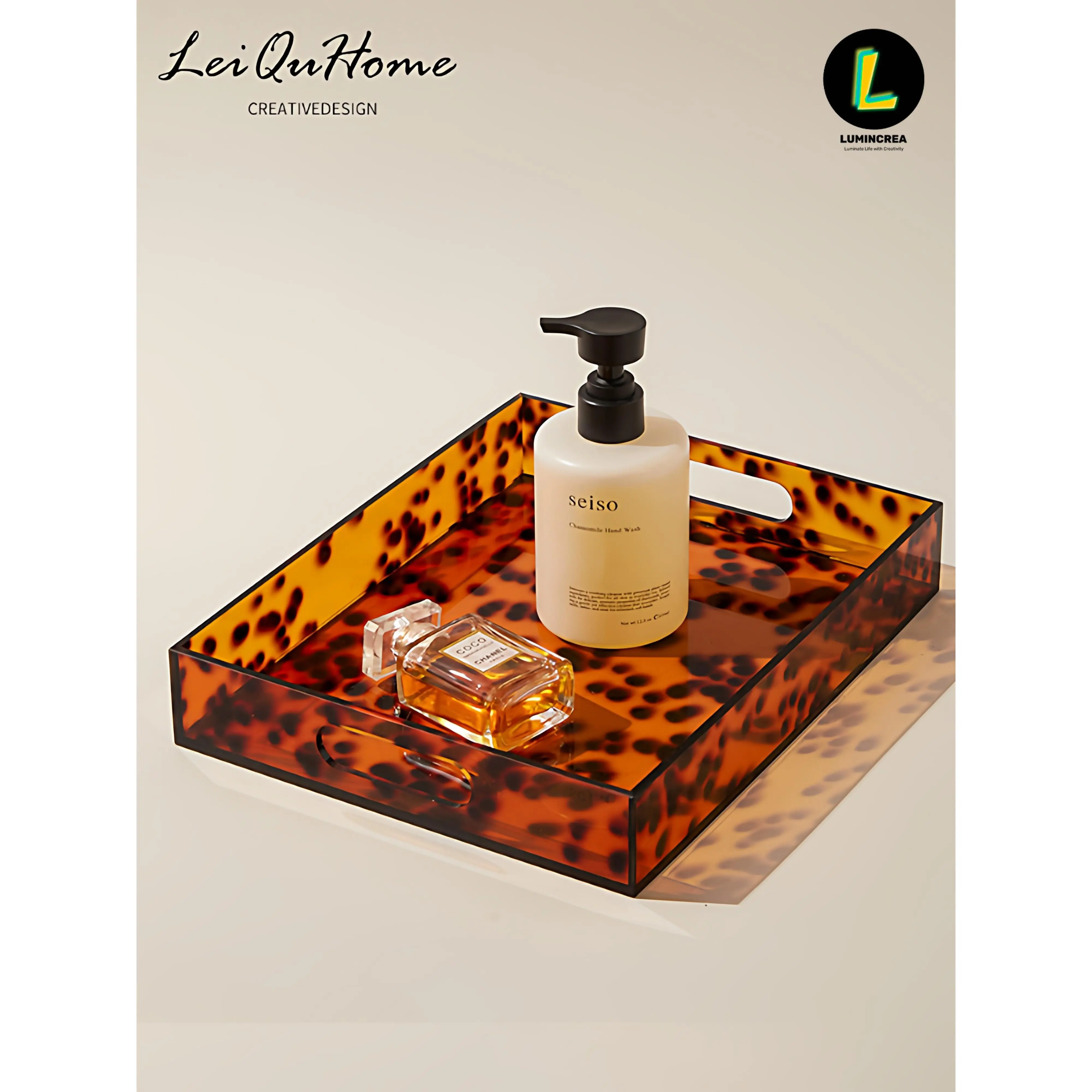 Large Rectangular Retro Transparent Smooth Acrylic Display Tray - Amber Tortoise Shell Bathroom Vanity Organizer, Beauty Supplies Organizer, Dressing Table Storage, Ideal Gift