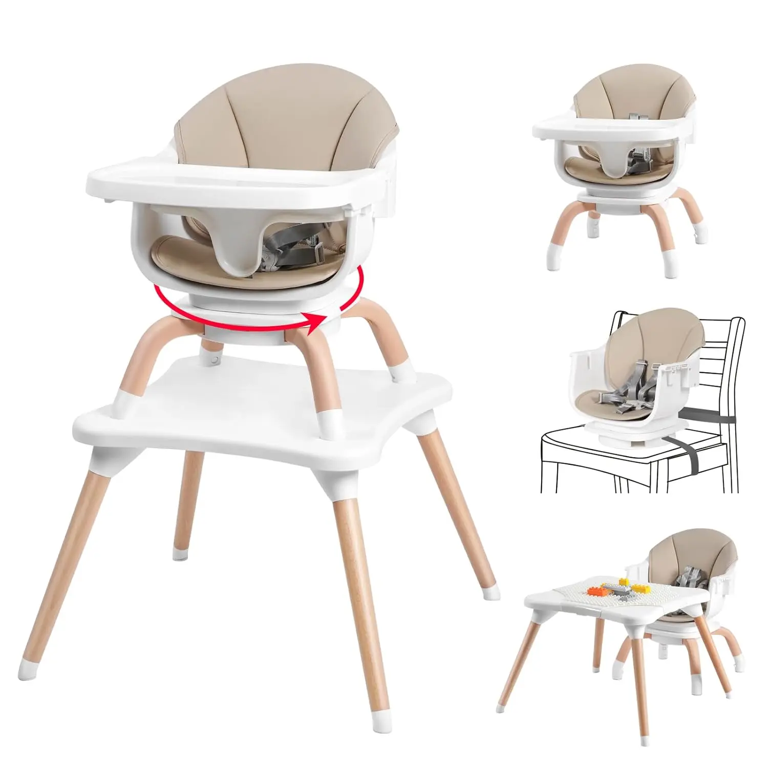 Baby High Chair, 7 in 1 Convertible High Chairs  Babies and Toddlers, Kids Learning Table, Building Block Table, Toddler Dining Chair with 360 °   Rotating Seat, 5-Point Safety Harness (Khaki)