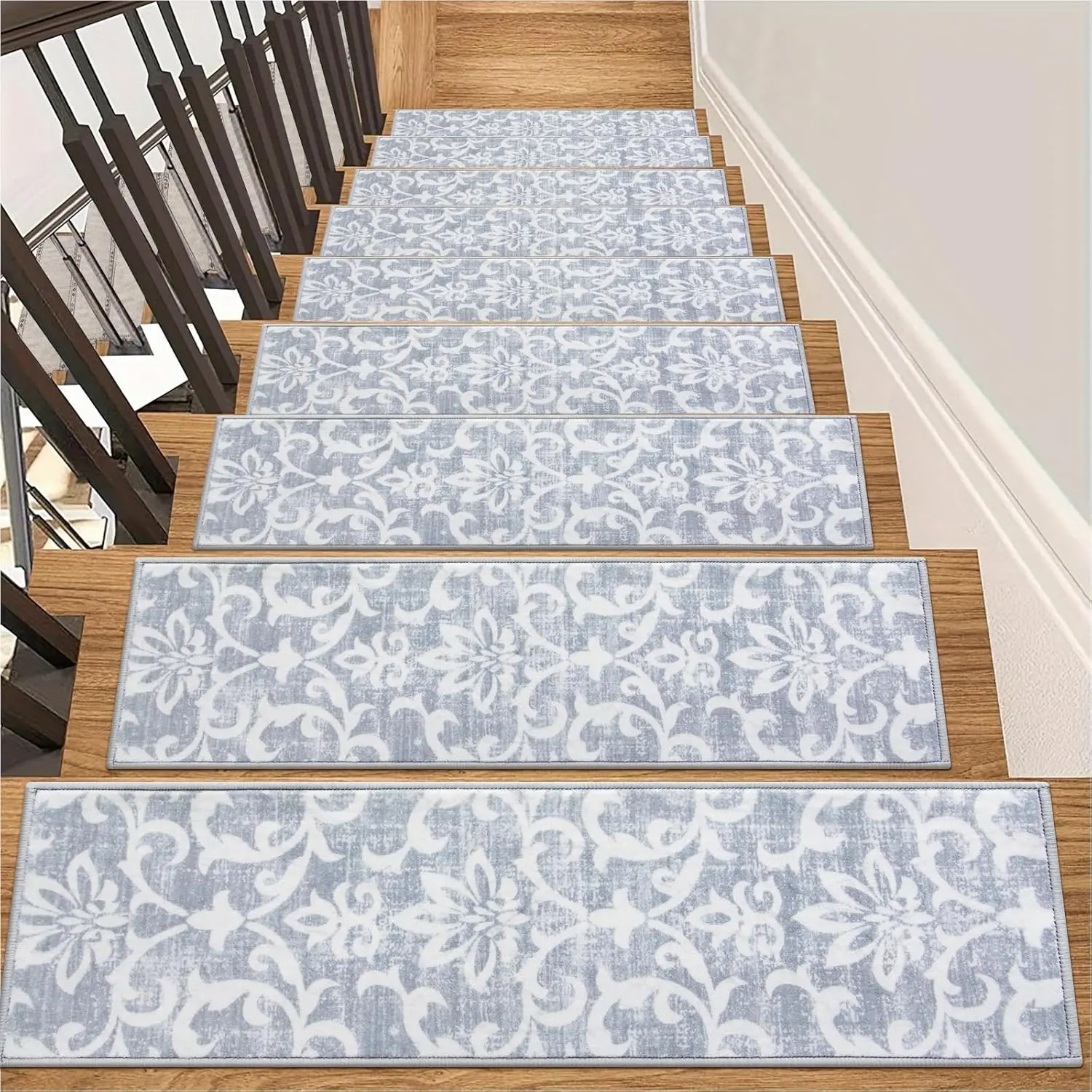 Carpet Stair Treads Non Slip Backing, 15 Pack Stair Treads for Wooden Steps Indoor, Soft Washable Stairway Stair Runners Oriental Staircase Rugs for Kids Pets Elders(15pc, Grey)