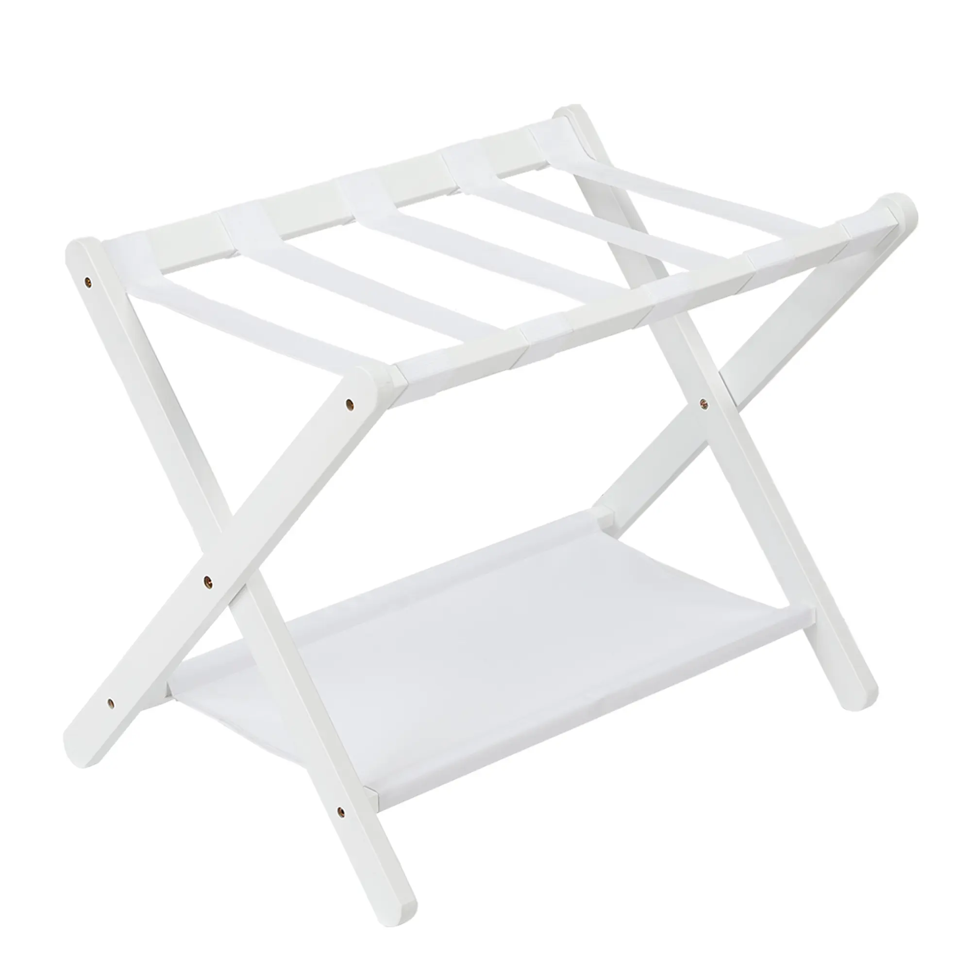 Bamboo Luggage Rack – 2-Tier Foldable Suitcase Stand, Solid Bamboo X-Frame Supports 110 lbs, Nylon Straps for 26" Cases, 4" Slim Profile