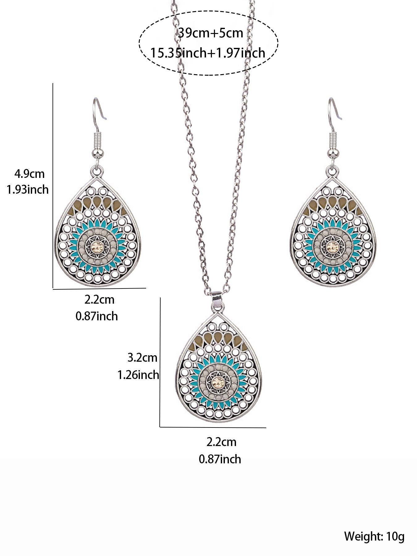 2pcs/set Boho Style Water Drop Shaped Pendant Necklace and Dangle Earrings, Vintage Style Ethnic Pattern Design Dangle Earrings, Fashionable Jewelry Set, Fashion Zinc Alloy Jewelry Set for Women and Girls, Jewellery Gift Set