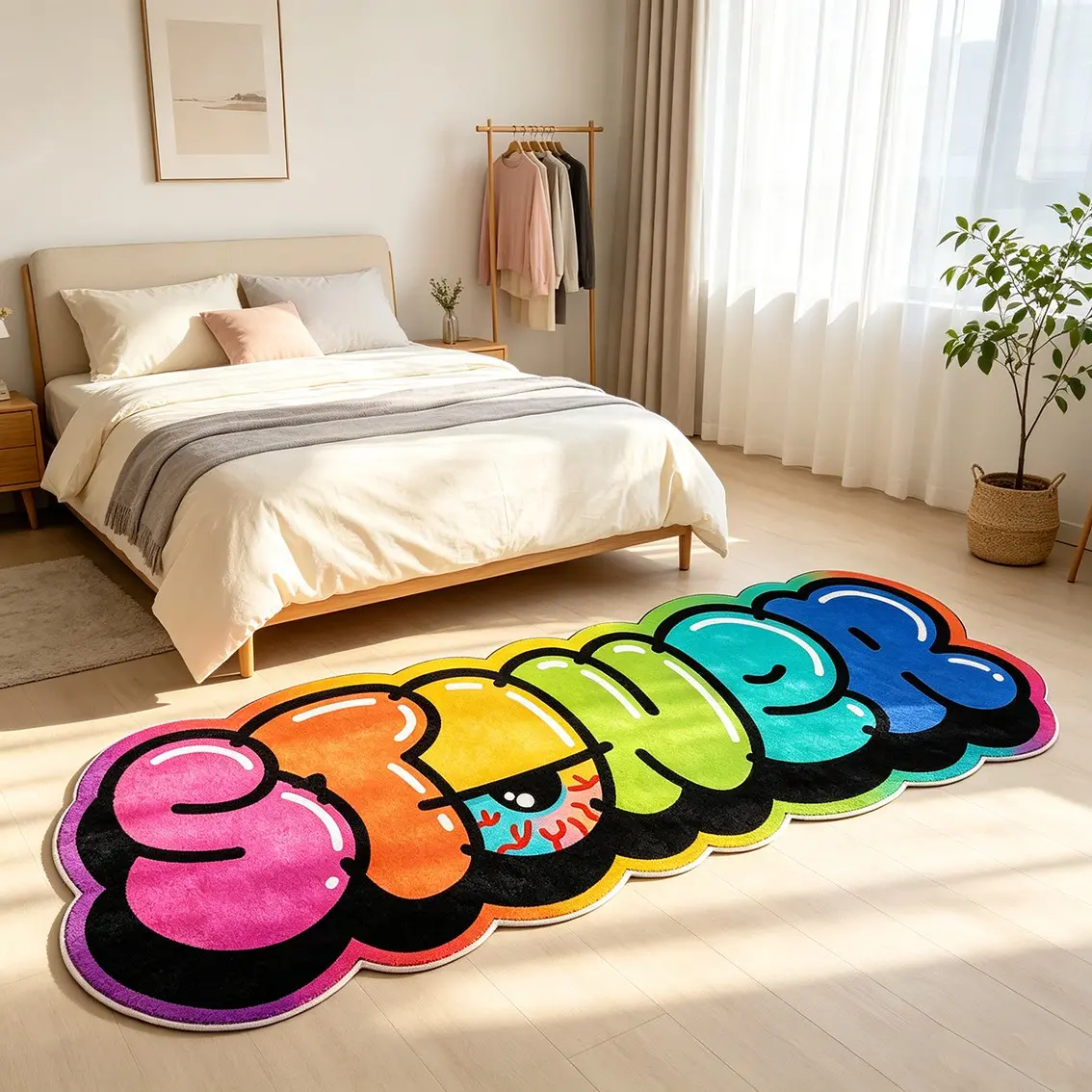 Rainbow Gradient Bubble Graffiti Text Alien Carpet Modern Indoor Soft Area Rug Street Trendy Plush Floor Mat Bedside Non slip Foot Mat Suitable for American Street/Subcultural Home Decoration