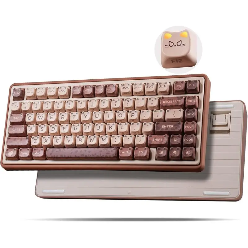 ZORNHER UR82 Mechanical Keyboard,75% Wireless Creamy Gaming Keyboard with Cute Leopard Cat Kawaii Glowing Kitty Ear Mao Keycaps, Aesthetics Compact Brown Keyboard for Home Office,Coffee Brown