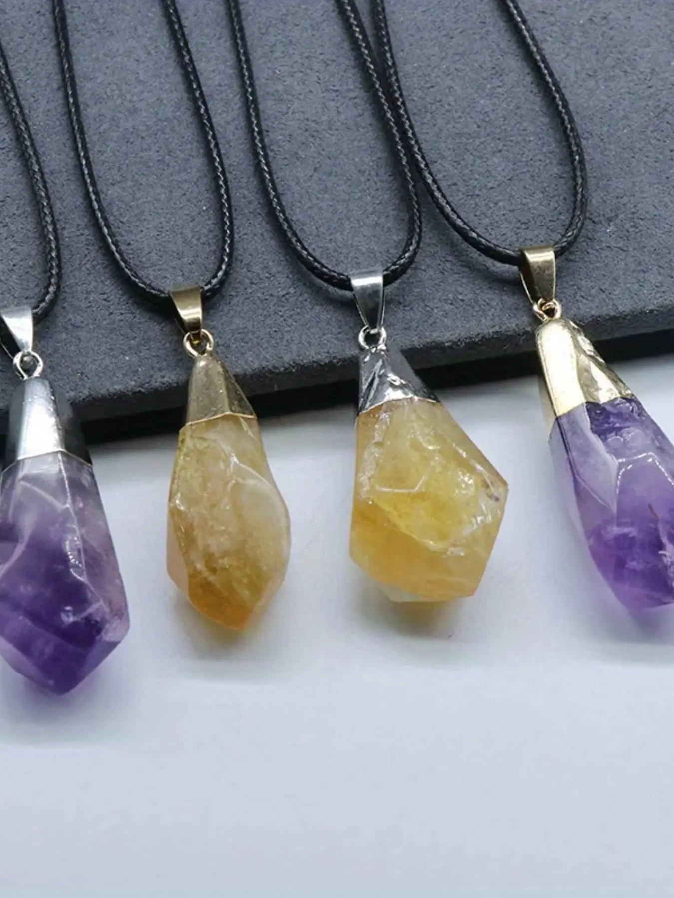 Natural Crystal Pendant Necklace, Amethyst Energy Healing, Casual Style, PU Leather Chain, Perfect Gift for Women, Citrine Pendant