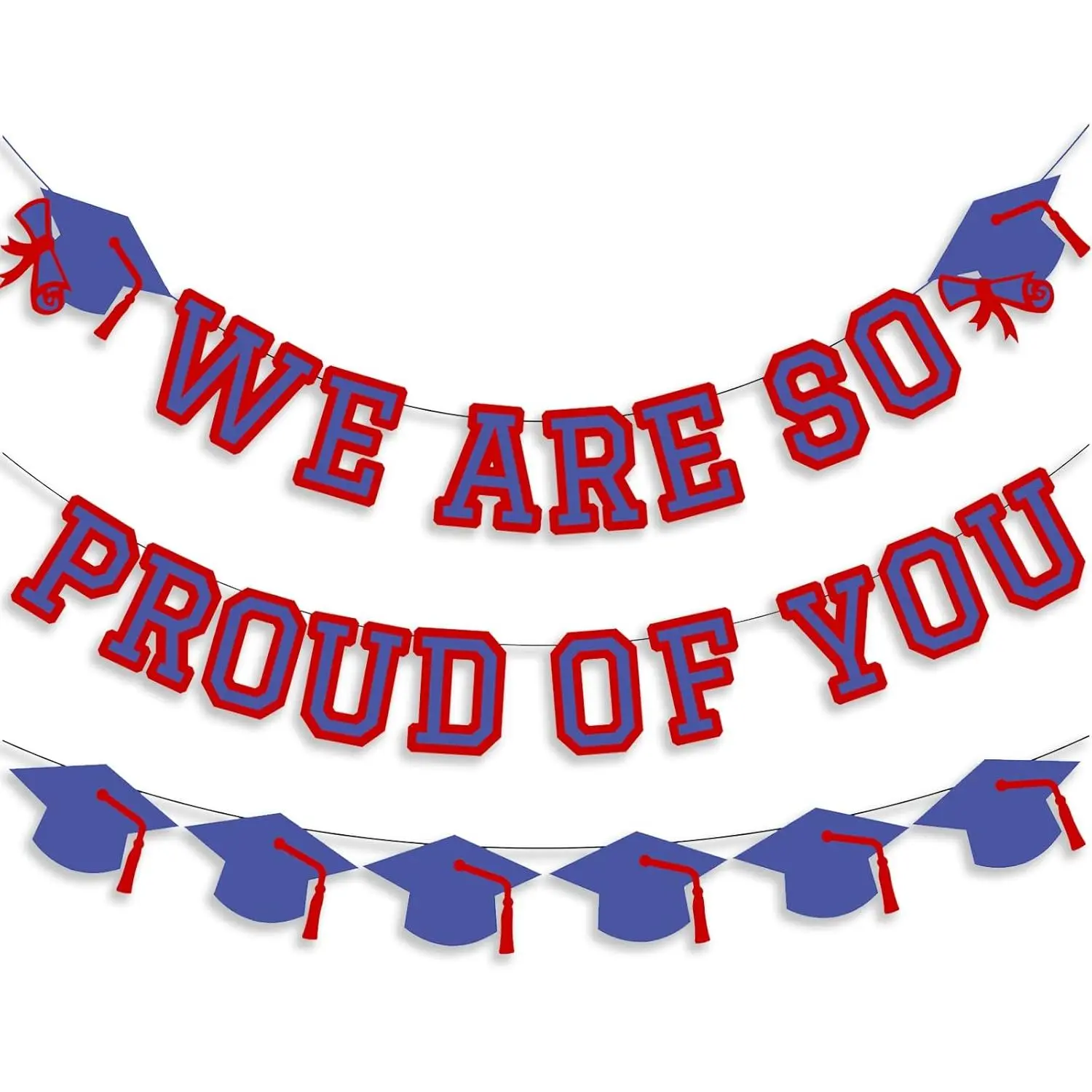 Graduation Party Decorations Kit - Fabric Banner with Proud Message, Congratulatory Grad Cap Garlands, Wall Sign with Blue Red Text, Suitable for All Seasons