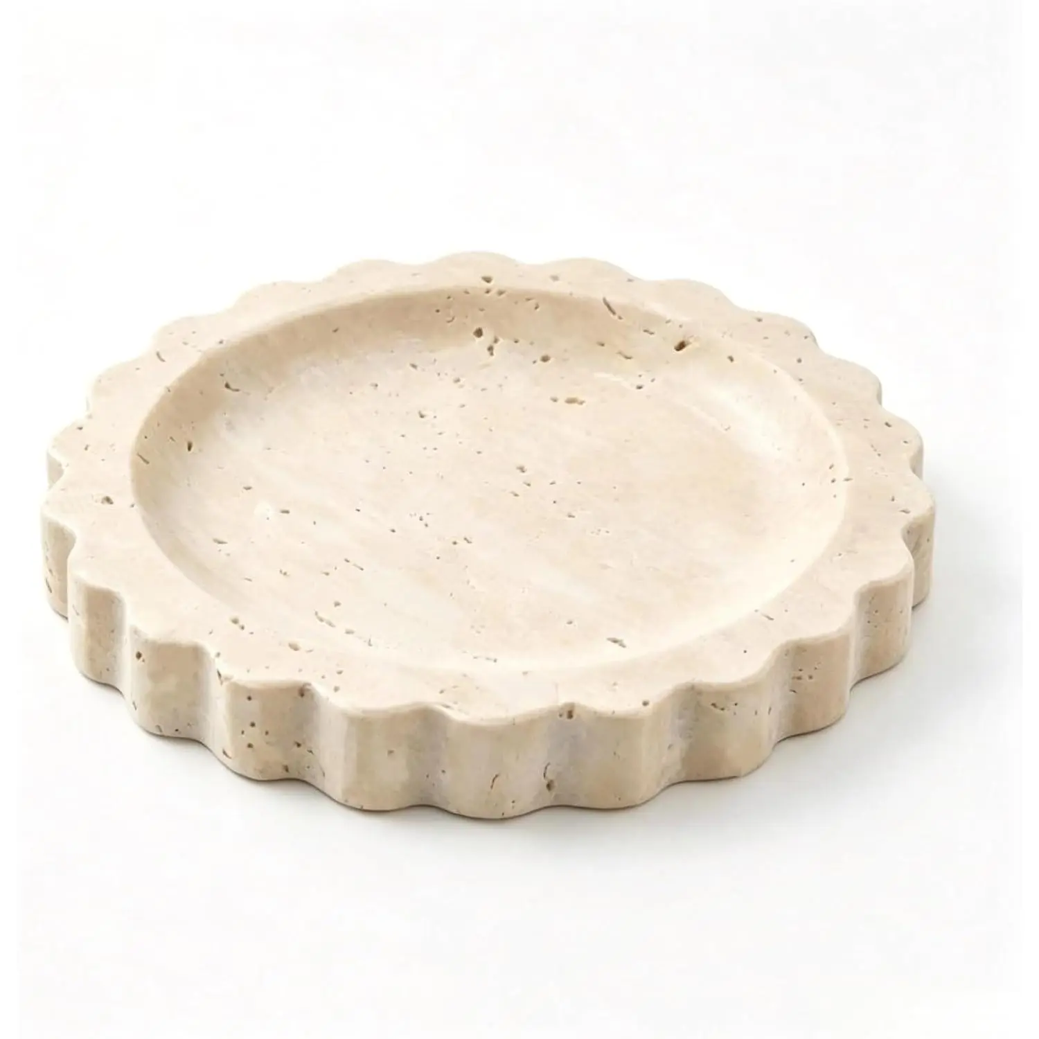 6" Natural Marble Candle Plate, Elegant Travertine Candle Tray for Countertop, Solid Feel -Marble Flat Candle Holder Round Scalloped Decorative Tray for Jar Pillar Candles, Perfume, Jewelry Dish