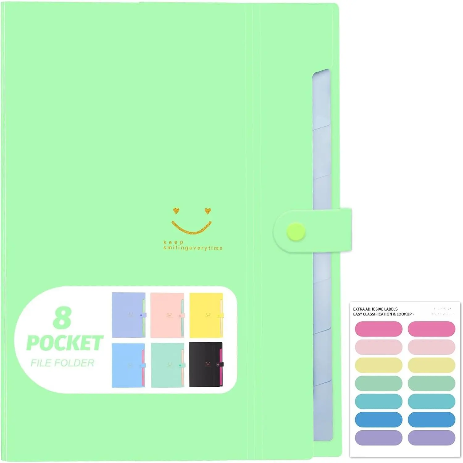 Plastic Expanding File Folder - 8-Pocket Accordion Organizer with Snap Closure & Tab Labels, A4 Letter Size for Organize Docs, Office & Travel (Grass Green)