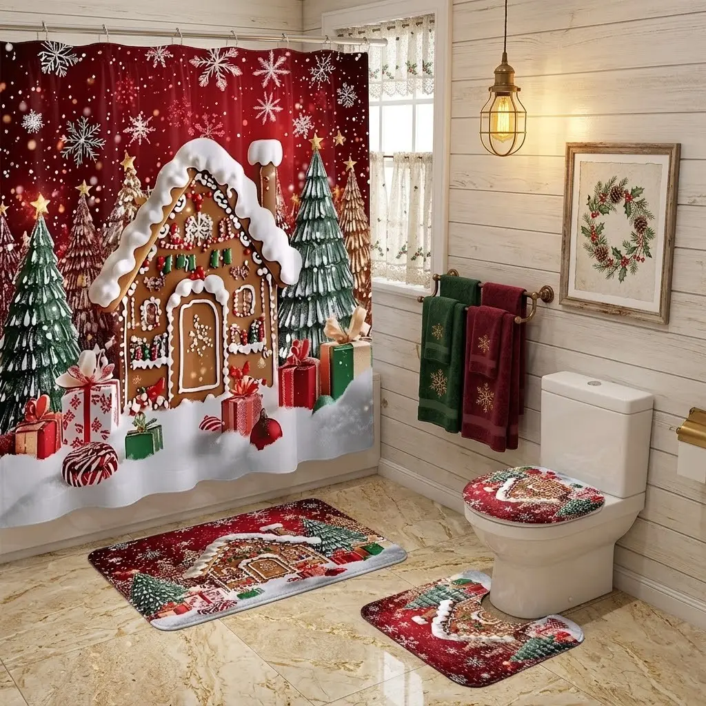 4pcs Holiday gingerbread house shower curtain set, red snowflakes, winter pine trees, and festive gift pattern bathroom set, with toilet lid cover and matching bath mat, thicker and softer mat fabric! Cozy Christmas-themed bathroom decor