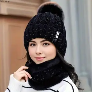 Women’s 2-Piece Plush Acrylic Hat & Scarf Set - Thick Knit Winter Beanie, Warm Windproof Cold Weather Accessories for Outdoor Activities, Holiday Gifts