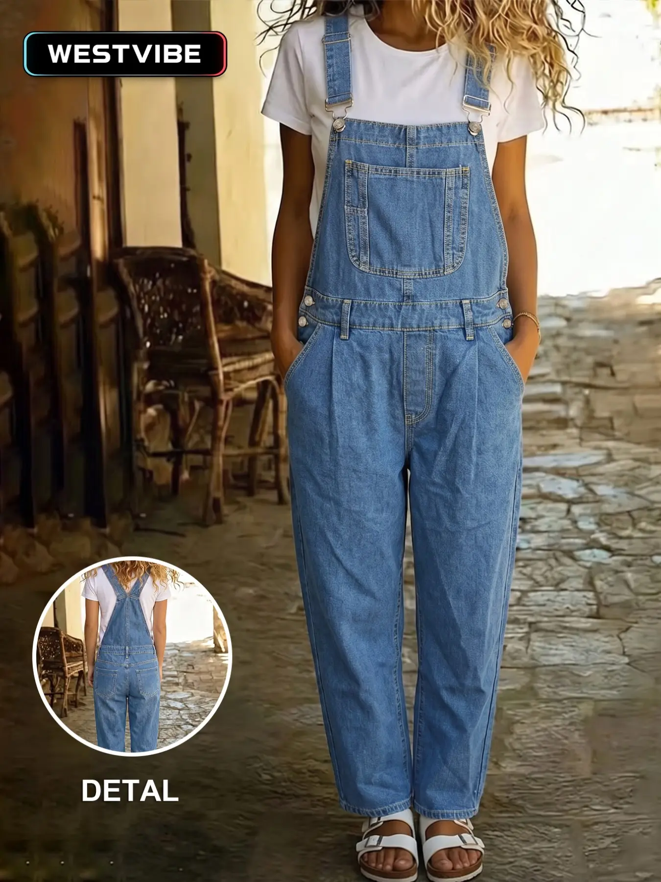 Women Medium Wash Denim Bib Overalls, Adjustable Shoulder Straps, Front Pocket, Pleated, Casual Y2K Style, Long Overalls for Streetwear