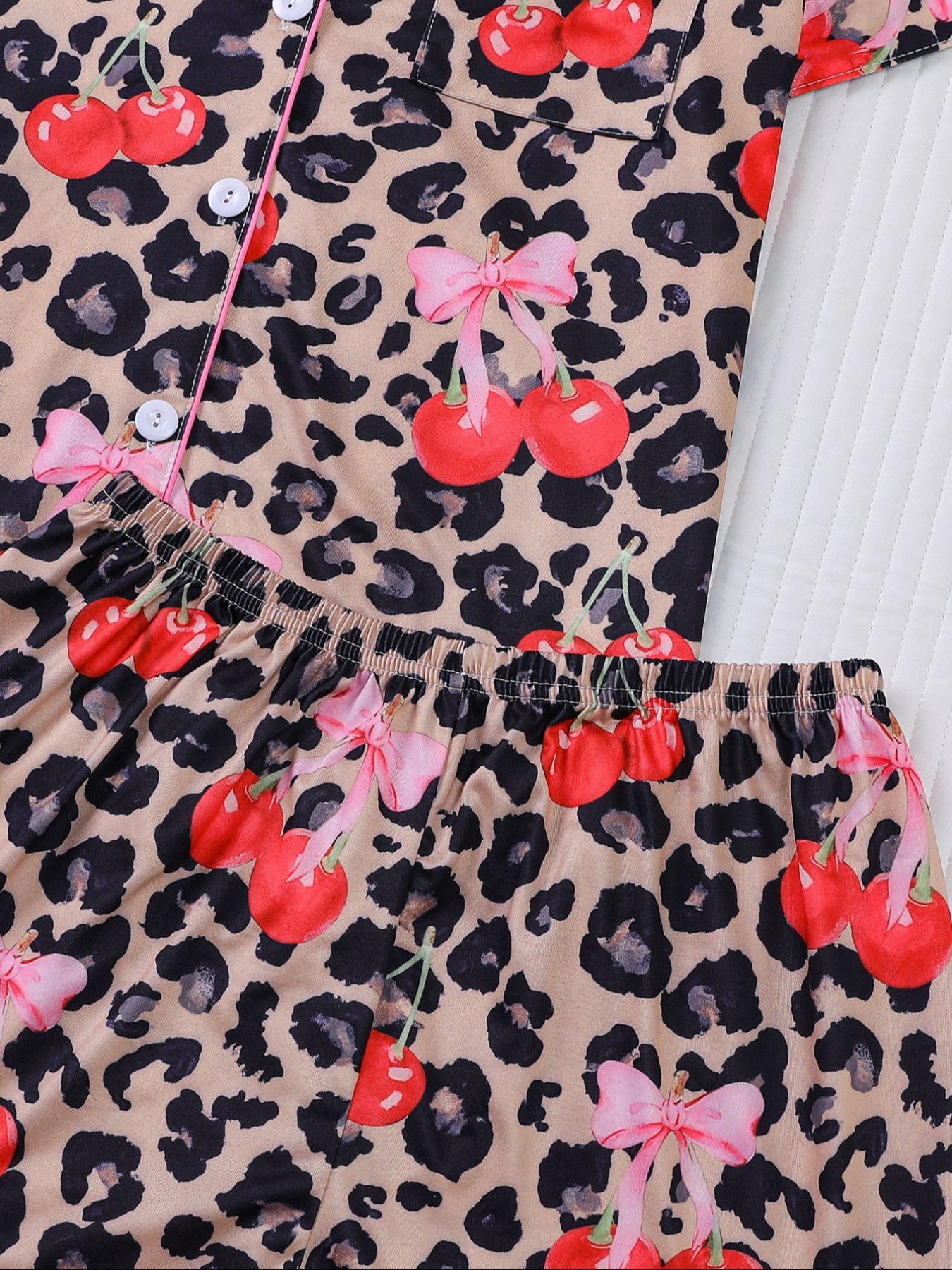 【Pink cherry】Women's Leopard Print Cherry Bow Sleepwear Set, Short Sleeve Button Front Top & Elastic Shorts, Casual Home Wear, Party