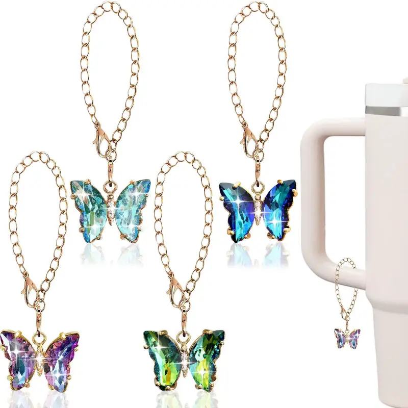 (8-piece set)4 Pack Crystal Butterfly Cup Charms for Stanley Tumbler | Bling Gold Tumbler Handle Accessories | Aesthetic Water Bottle Decor for Women Girls