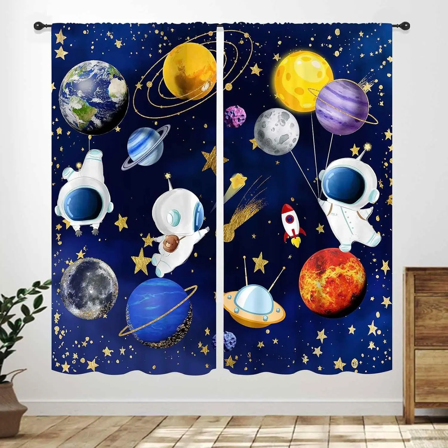 2 Piece Cartoon Astronaut Space Solar System Planet Curtains, Kids Bedroom Living Room Nursery Game Room Decor, Boy Child Curtains