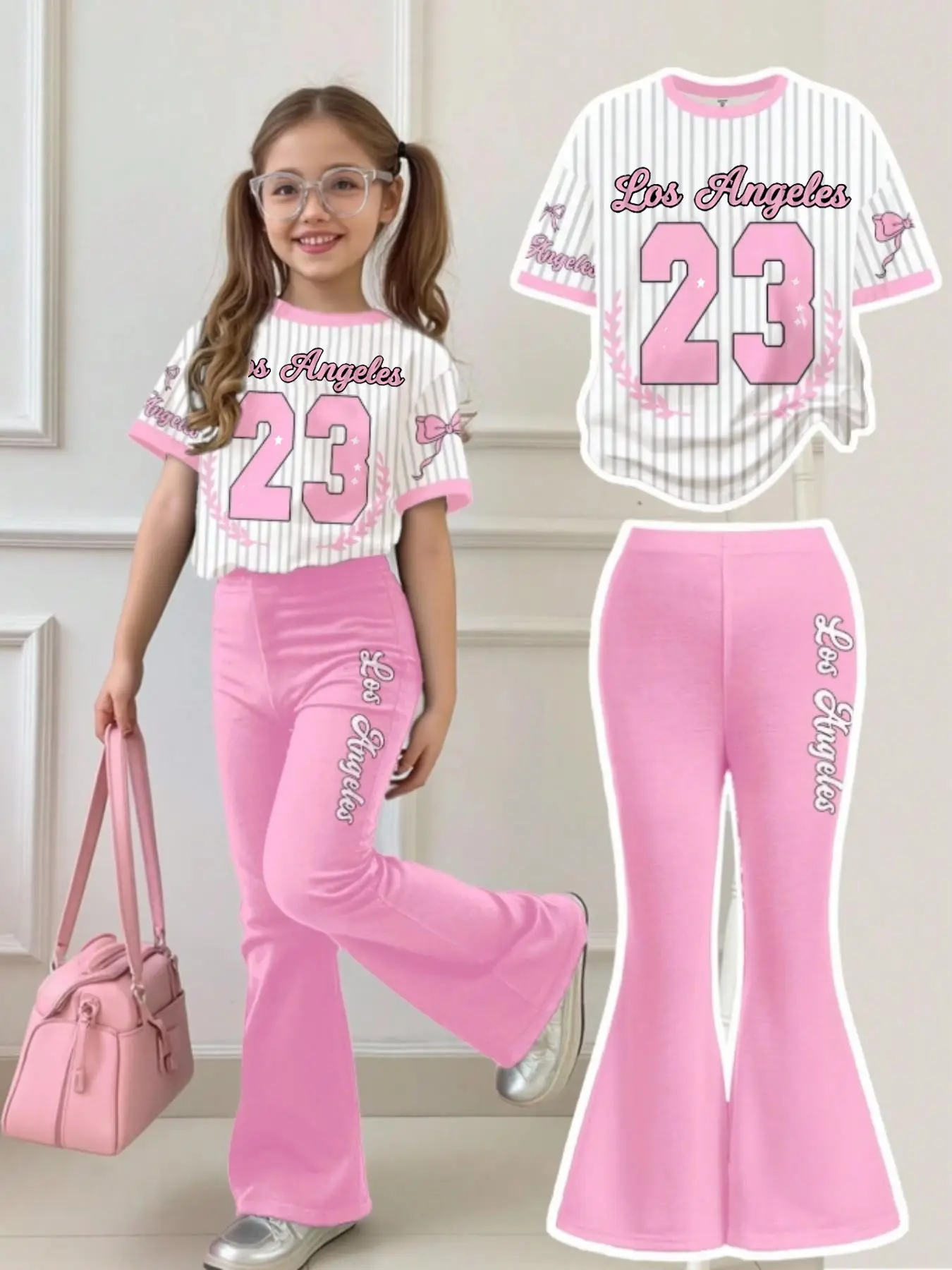 Teen Girls' Casual Two-Piece Set, Striped Print T-Shirt & Loose Flared Pants for Summer, Summer Clothing Set, Fashion Style Sets, Casual Outfit Set, Outfits Set