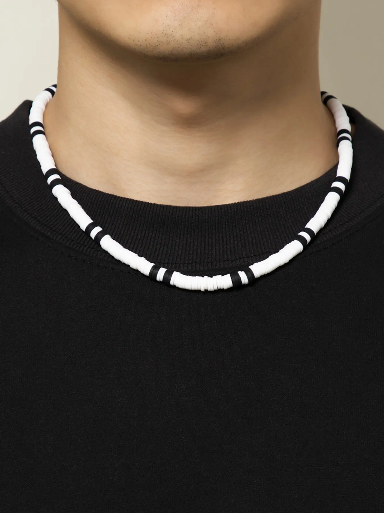 Bohemian Style Patchwork Clay Necklace, Simple Geometric Design, Stainless Steel Chain, Unisex Street Fashion Accessory