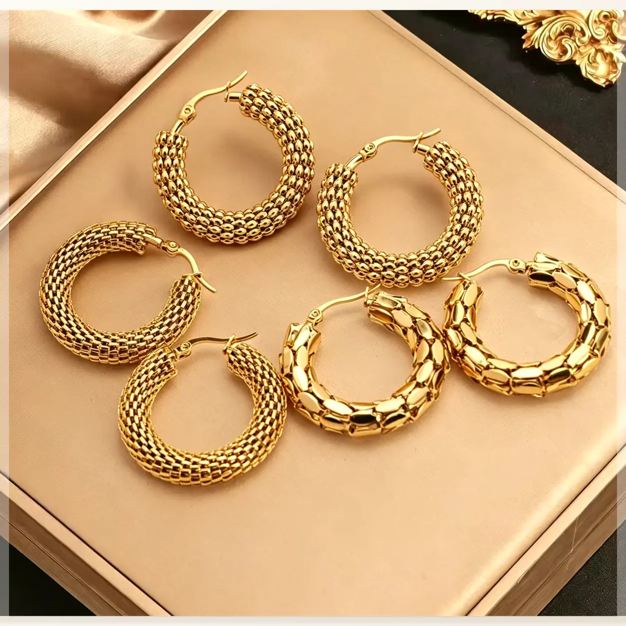 Women's 3-Pair Gold Hoop Earrings Set - 3 Styles (Chunky, Braided, Textured), Lightweight Statement Costume Jewelry, Everyday Gift Set